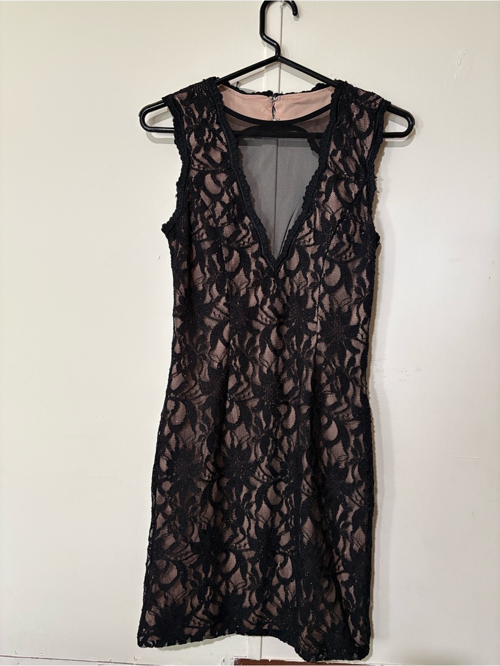 Jodi Kristopher Black Lace Midi Dress with Blush Lining